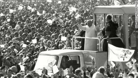 Pope John Paul II greets crowds at Phoenix Park in 1979. Aerial photos of the event were not available. 