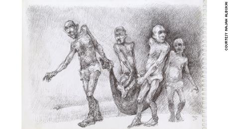 Najah al-Bukai depicts prisoners transporting the dead to mass graves. 