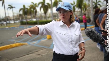 SAN JUAN, PUERTO RICO - SEPTEMBER 30:  San Juan Mayor Carmen Yulin Cruz speaks to the media as she arrives at the temporary government center setup at the Roberto Clemente stadium in the aftermath of Hurricane Maria on September 30, 2017 in San Juan, Puerto Rico.  Puerto Rico experienced widespread damage including most of the electrical, gas and water grid as well as agriculture after Hurricane Maria, a category 4 hurricane, passed through.  (Photo by Joe Raedle/Getty Images)