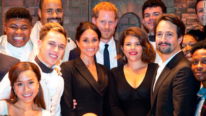 (L-R) Meghan, Duchess of Sussex (C), Prince Harry, Duke of Sussex, Vanessa Nadal, and playwright Lin Manuel Miranda meet the cast and crew of &quot;Hamilton&quot; backstage.
