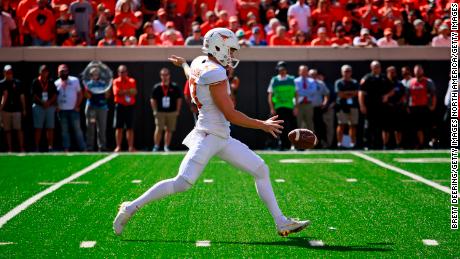 STILLWATER, OK - OCTOBER 1 : Punter Michael Dickson #13 of the Texas Longhorns kicks during the game against the Oklahoma State Cowboys October 1, 2016 at Boone Pickens Stadium in Stillwater, Oklahoma. The Cowboys defeated the Longhorns 49-31.  (Photo by Brett Deering/Getty Images)