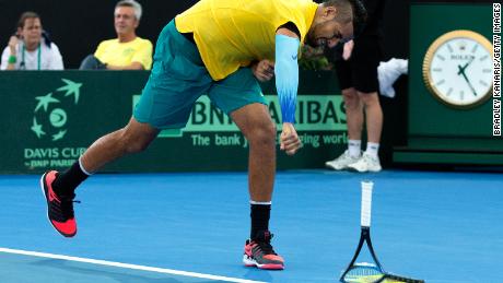 Kyrgios loses his temper as he smashes his racket during the Davis Cup World Group First Round.