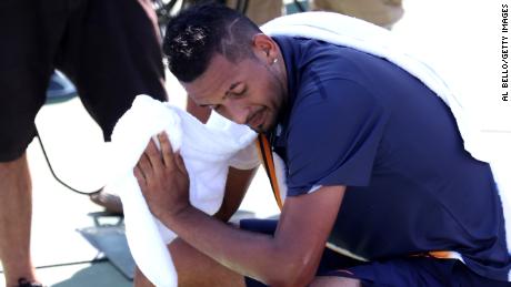 Nick Kyrgios of Australia takes a break during his men's singles second round match against Pierre-Hugues Herbert on Day Four of the 2018 US Open.