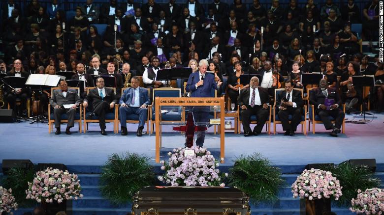 Ex-President Bill Clinton professes his admiration for Franklin at Friday&#39;s service in Detroit.