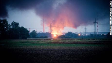 A fire burns at the site of the refinery in Vohburg early Saturday.