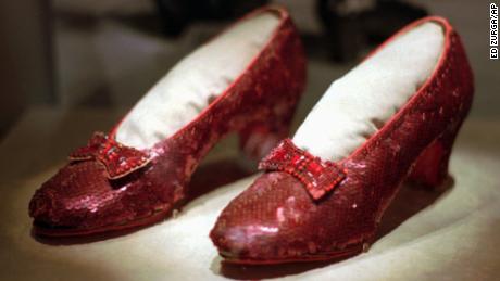 One of several pairs of ruby slippers worn by Judy Garland in the 1939 film &quot;The Wizard of Oz&quot; on display during the &quot;America&#39;s Smithsonian&quot; traveling exhibition in Kansas City, Missouri. 