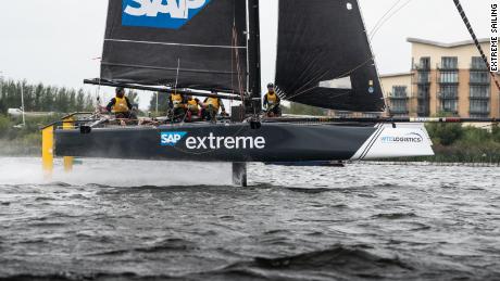 The SAP Extreme Sailing team flying across Cardiff Bay. 