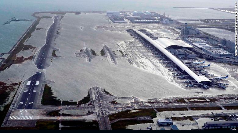 Kansai International Airport is partly inundated following a powerful typhoon in Izumisano, in Japan&#39;s Osaka prefecture.