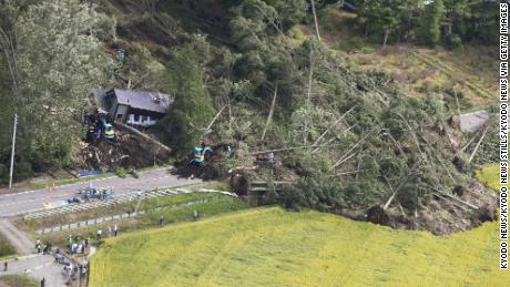 Photo taken Sept. 6, 2018, from a Kyodo News airplane shows the site of a landslide in Atsuma, Hokkaido, northern Japan, triggered by an earthquake with preliminary magnitude of 6.7 that struck the region.