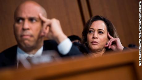 Sens. Kamala Harris and Cory Booker attend the Senate Judiciary Committee confirmation hearing for Supreme Court nominee Brett Kavanaugh on September 4, 2018. 