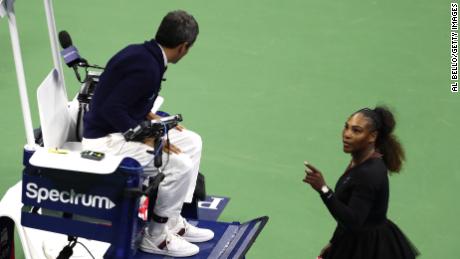 Serena Williams of the United States reacts to umpire Carlos Ramos after her defeat in the Women's Singles finals match to Naomi Osaka of Japan on Day Thirteen of the 2018 US Open at the USTA Billie Jean King National Tennis Center on September 8, 2018 in the Flushing neighborhood of the Queens borough of New York City.  