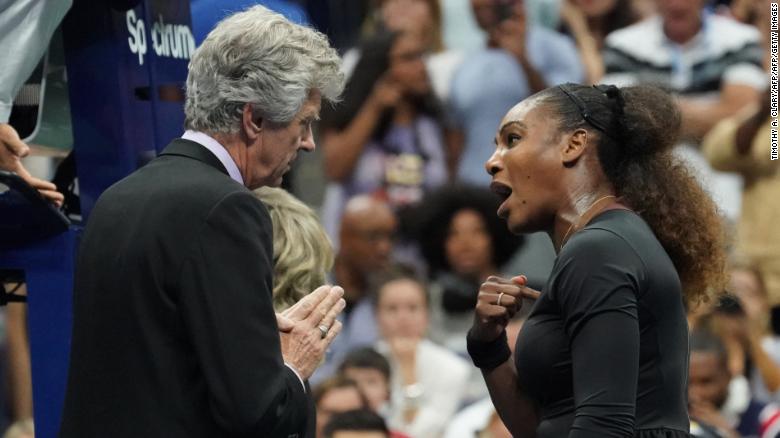 Serena Williams of the United States argues with referee Brian Earley during her Women&#39;s Singles finals match against Naomi Osaka of Japan at the 2018 US Open at the USTA Billie Jean King National Tennis Center in New York on September 8, 2018. - Osaka, 20, triumphed 6-2, 6-4 in the match marred by Williams&#39;s second set outburst, the American enraged by umpire Carlos Ramos&#39;s warning for receiving coaching from her box. She tearfully accused him of being a &quot;thief&quot; and demanded an apology from the official.