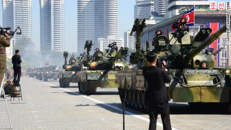 Military vehicles are seen during a parade marking North Korea's 70th anniversary Sunday.