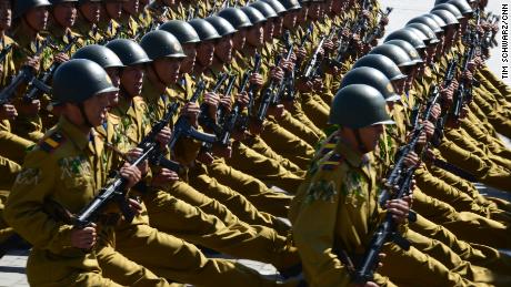 Soldiers march in Kim Il Sung square during the military parade.