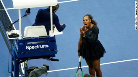 Serena Williams argues with the chair umpire during a match against Naomi Osaka, of Japan, during the women&#39;s finals of the U.S. Open tennis tournament at the USTA Billie Jean King National Tennis Center, Saturday, Sept. 8, 2018, in New York. (Photo by Greg Allen/Invision/AP)