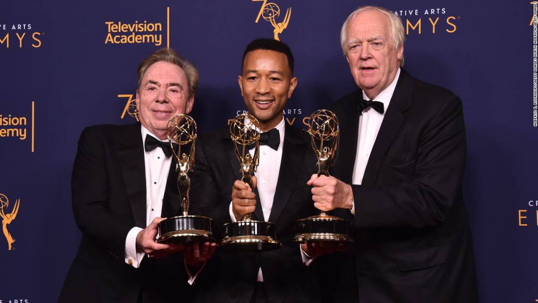 Sir Andrew Lloyd Webber, John Legend and Tim Price became the latest EGOT winners thanks to &quot;Jesus Christ Superstar Live in Concert&#39;s&quot; Emmy win for outstanding variety special. Here the trio pose in the press room after their win at the Microsoft Theater on September 9, 2018 in Los Angeles, California.  