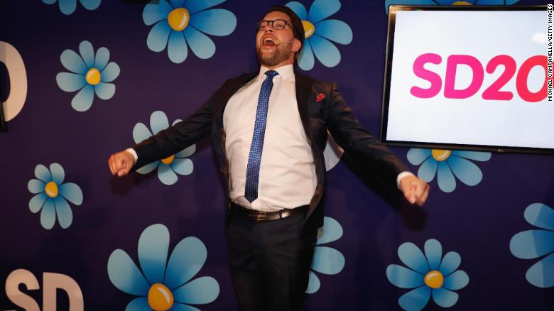 Leader of the far-right Sweden Democrats Jimmie Akesson the party election center on September 9.