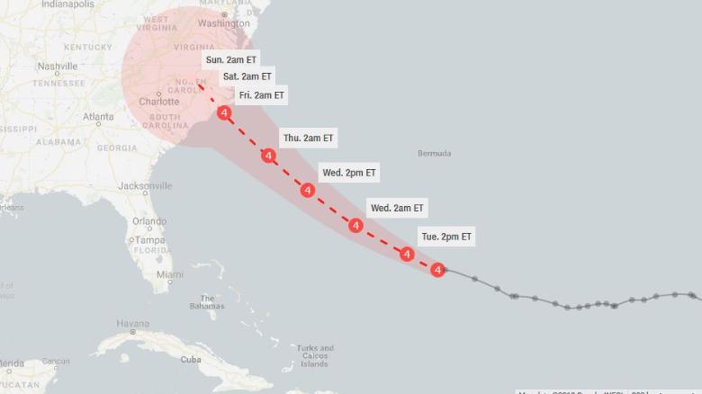 This forecast cone, created around 5 a.m. ET Tuesday, shows the probable range of Florence's center for the next five days.