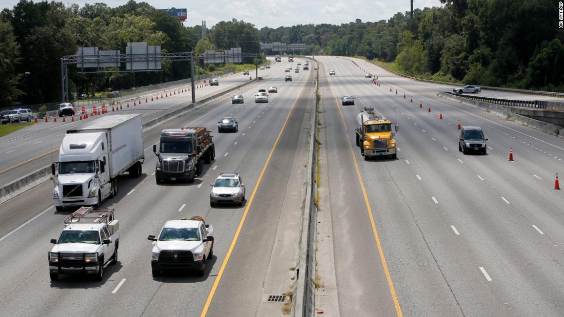 Both lanes of Interstate 26 flow westbound in North Charleston, South Carolina, toward Columbia as people evacuate inland on September 11.