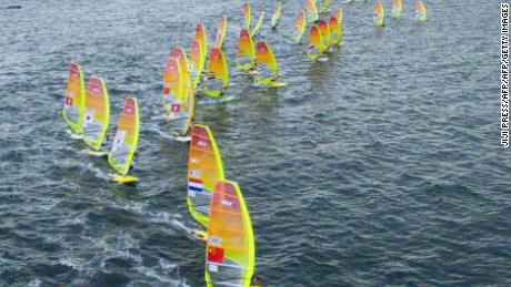 Competitors taking part in the men&#39;s RS:X class windsurfing event as part of the sailing World Cup series.