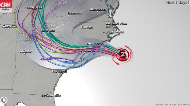 This computer model shows a variety of potential tracks for the hurricane, including potential landfalls.