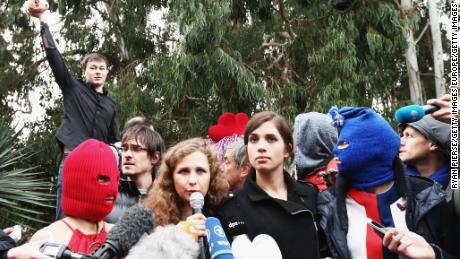 Nadezhda Tolokonnikova, center, pictured during a Pussy Riot news conference in Sochi in 2014.