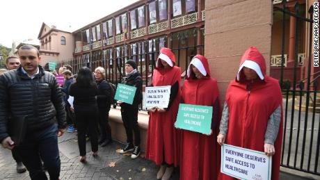 Supporters of creating a safe access zone around abortion clinics in NSW gather outside NSW Parliament House in Sydney, New South Wales (NSW), Australia on 7 June 2018.