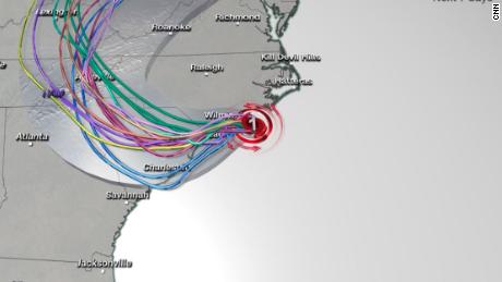 This computer model shows a variety of potential tracks for the hurricane, including potential landfalls.