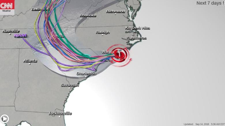 This computer model shows a variety of potential tracks for the hurricane, including potential landfalls.