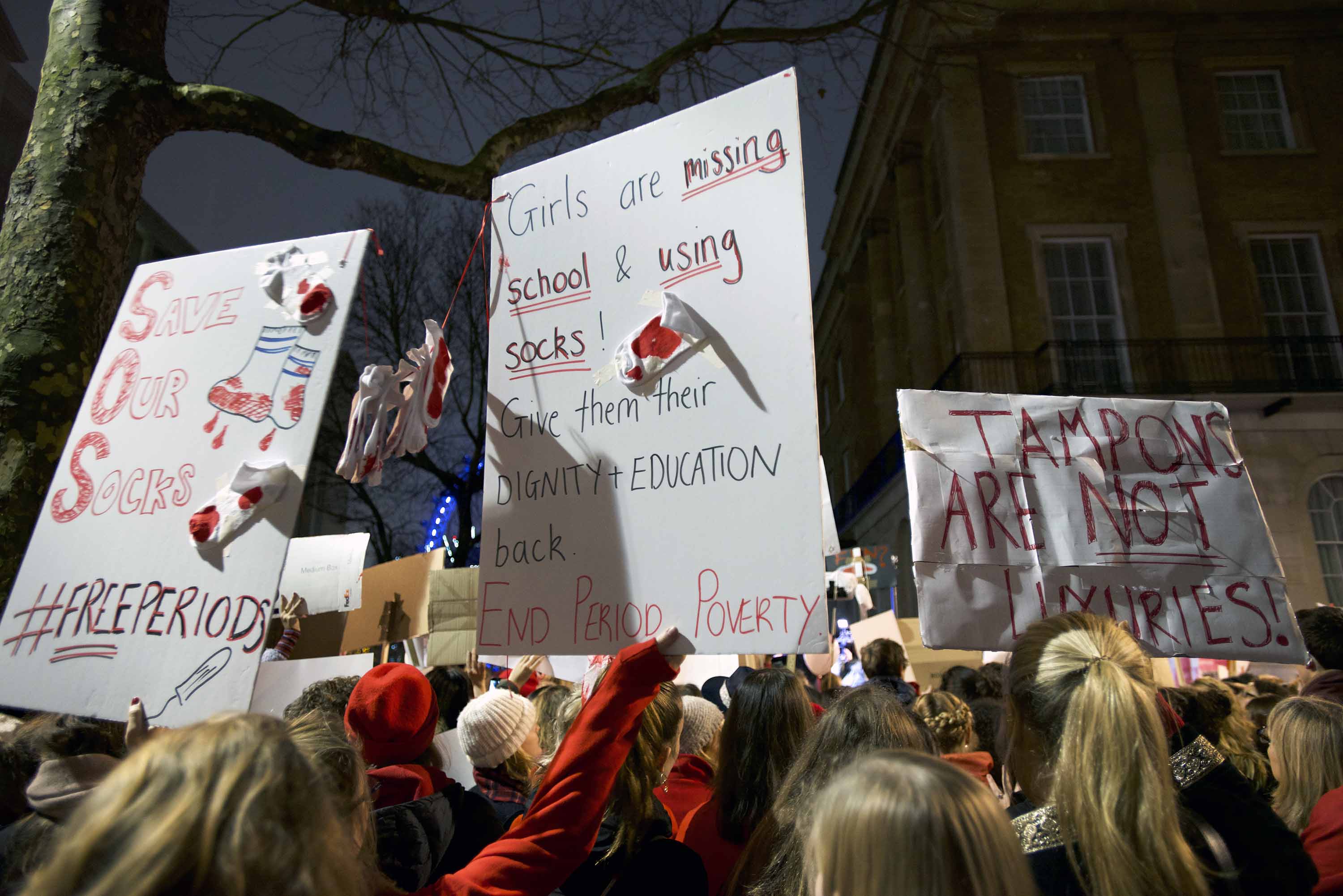 A protest in London last December called for an end to period poverty in the UK. Photo: Judith Vonberg for CNN