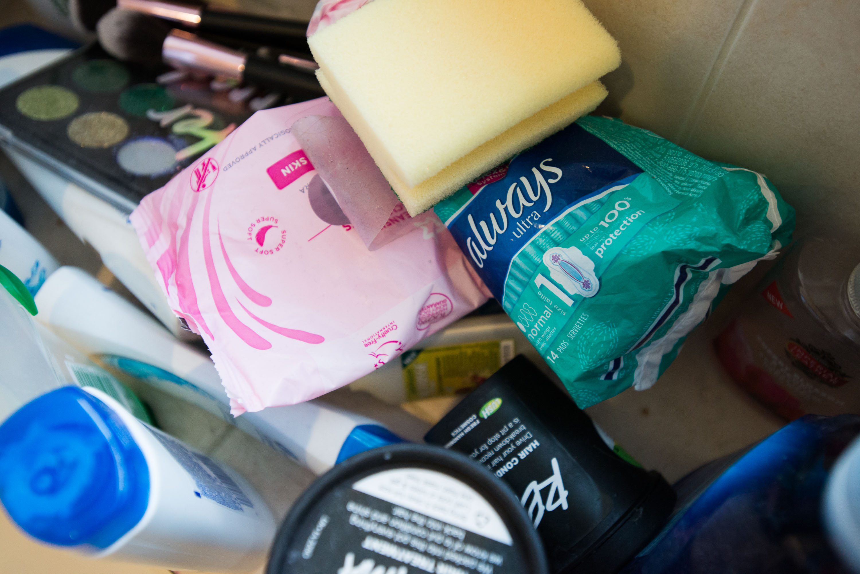 Menstrual products and other toiletries in Krengel&#39;s bathroom. Photo: Sarah Tilotta for CNN