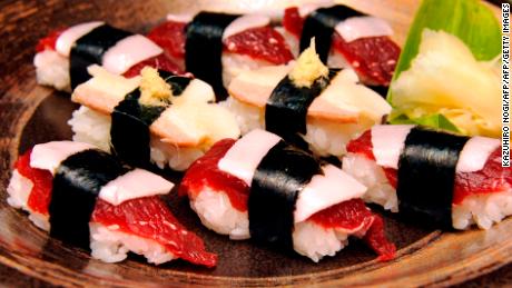 Whale sushi made from sliced minke meats, blubber and rice balls at a sushi shop in Japanese whaling town Ayukawahama, Miyagi prefecture. 