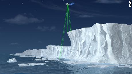 Illustration of ICESat-2, a mission to measure the changing height of Earth's ice.