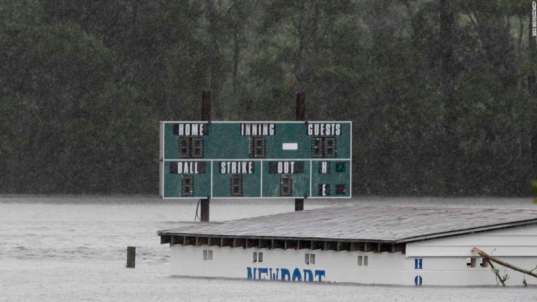 A baseball field on Mill Creek Road is filled with floodwater after Florence hit Newport, North Carolina, on Saturday.