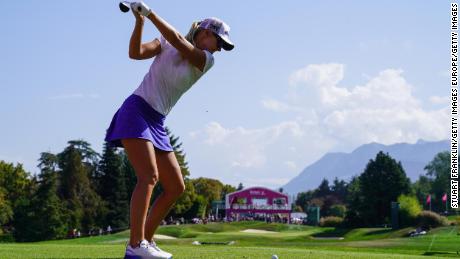 Anna Nordqvist, the winner at Evian in 2017, tees off from the fifth tee at the 2018 edition.