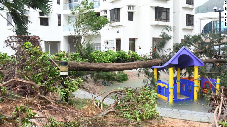 A flooded and destroyed playground in Hong Kong&#39;s Heng Fa Chuen neighborhood.