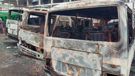 Burned buses at the terminal in Buea, the capital of a western region of Cameroon, on July 10, 2018.