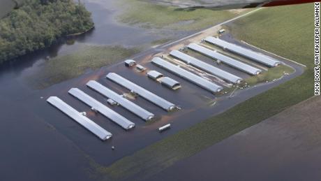 The Waterkeeper Alliance flew over flooded farms in North Carolina on Monday.