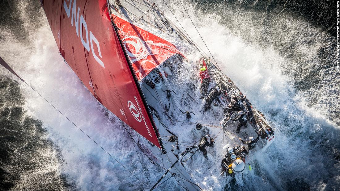 During the Volvo Ocean Race, Eloi Stichelbaut photographed the Dongfeng Race Team near Lisbon, just after their boat had been hit by a massive wave in 30 knots of wind. Stichelbaut&#39;s photograph won the Yacht Racing Forum award for 2018.