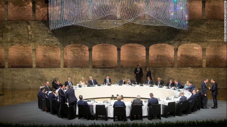 Participants of the EU Informal Summit of Heads of State or Government attend a dinner at the Felsenreitschule in Salzburg, Austria, on September 19, 2018.