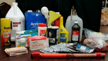 A display of items used in the "shake-and-bake" method of manufacturing methamphetamine is shown in Oklahoma City. The items shown were purchased for display purposes.