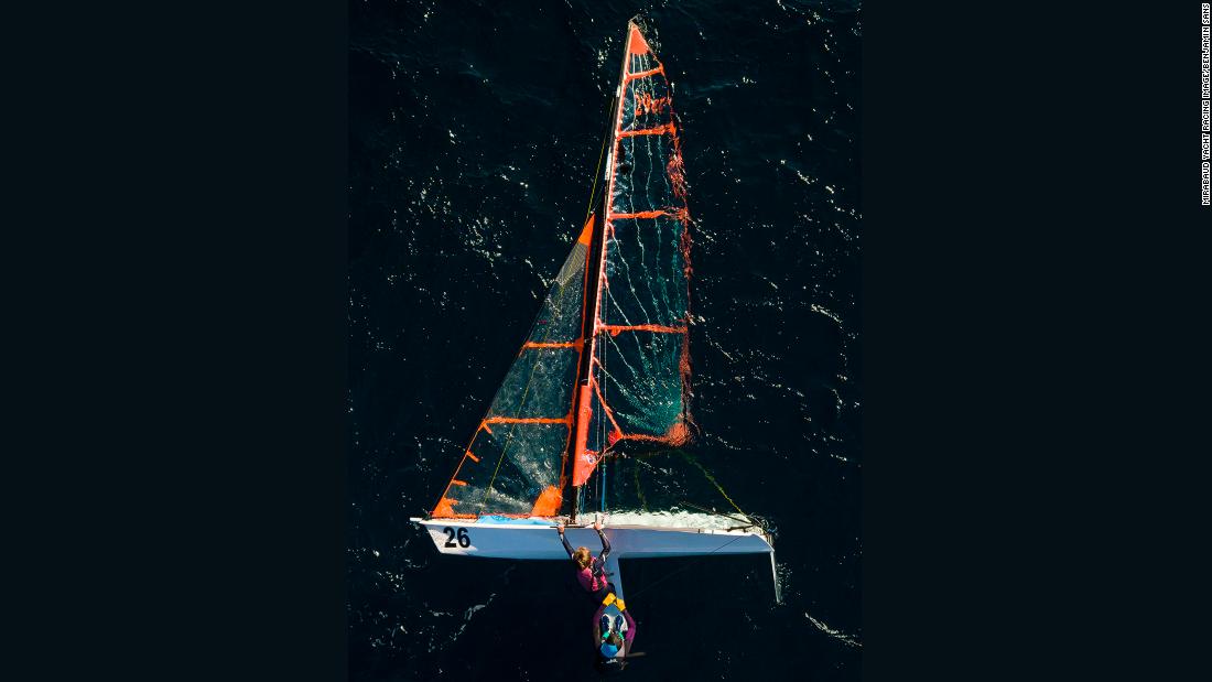 This quirky drone shot taken in Algarrobo, Spain by Benjamín Sans, shows two athletes on the center board after flipping their boat. 