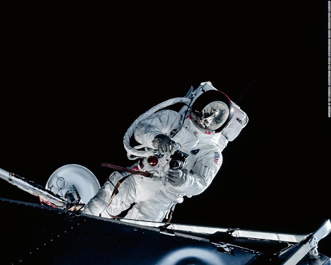 Image shows Lunar Module Pilot Russell Schweickart taking a photograph during his Extravehicular Activity (EVA) testing the new spacesuit during the Apollo 9 mission.