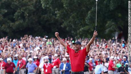 Tiger Woods grabs first tour win in five years.