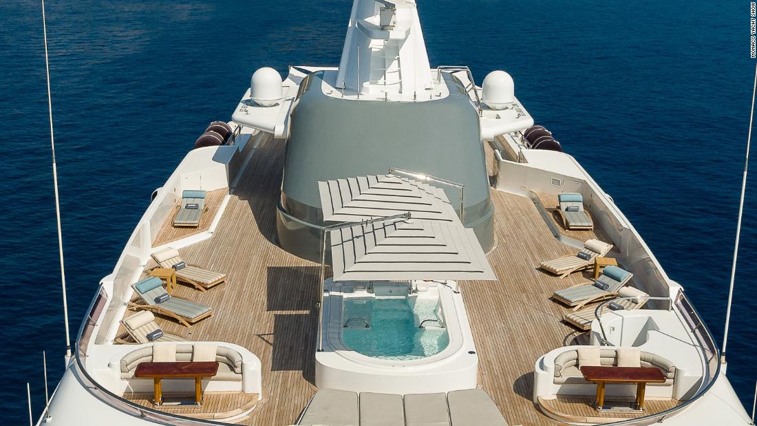 The yacht boasts a private owner&#39;s deck, master suite with terrace, cinema and private saloon. 