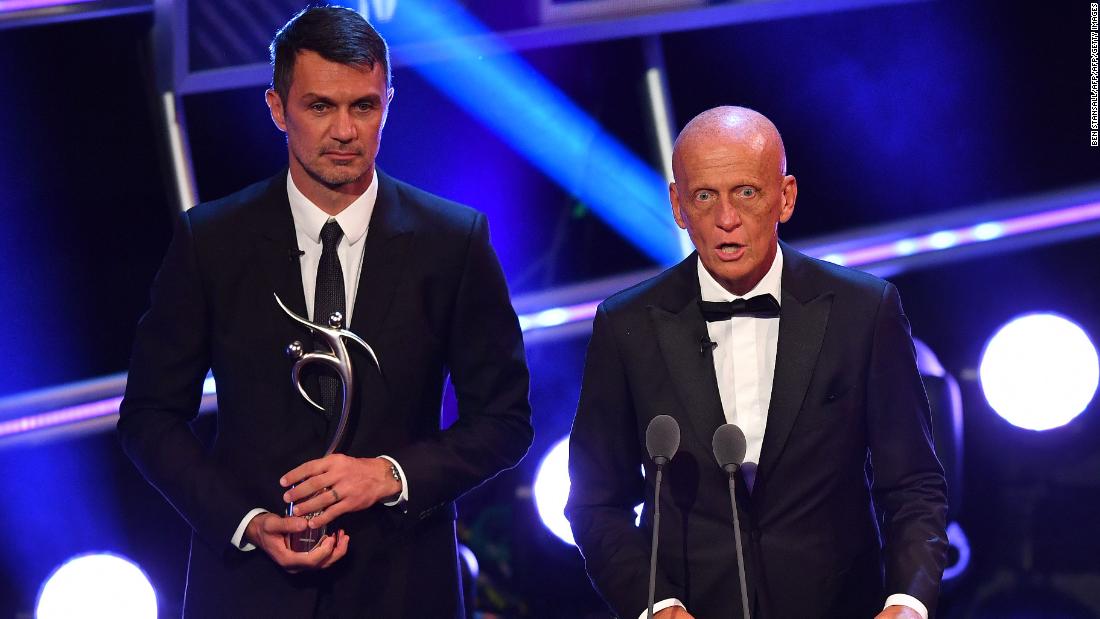 Former Italian referee Pierluigi Collina (R) and former Italy and AC Milan defender Paolo Maldini presented an award on the evening for fair play, which went to German player  Lennart Thy. 