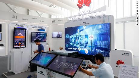 A Huawei stand at an artificial intelligence conference in Shanghai. The company is one of China's leading tech businesses, filing huge numbers of patents.