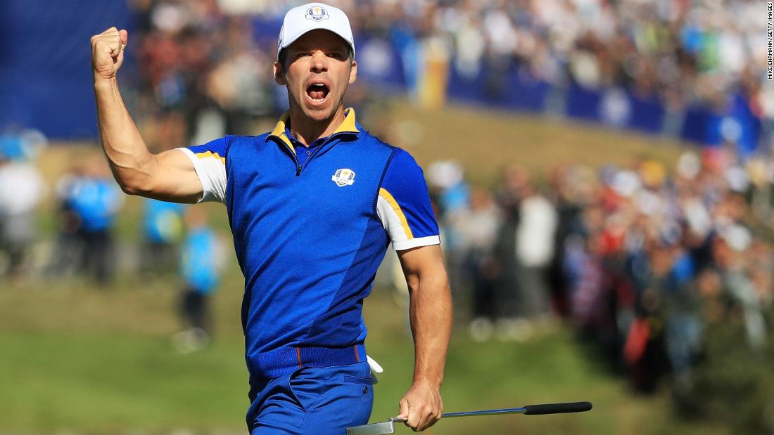 Paul Casey of Europe celebrates a putt on the second green during singles matches of the Ryder Cup on Sunday, September 30, in Paris, France.