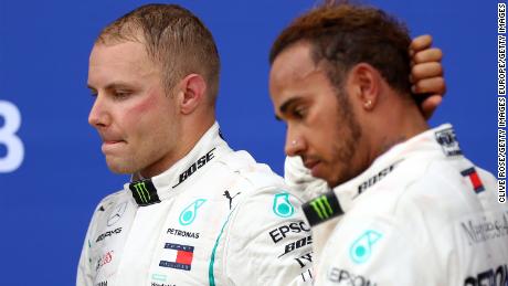 The tension is plain to see on the podium for the Russian Grand Prix as second-placed Valtteri Bottas and winner Lewis Hamilton reflect on a controversial race in Sochi. 