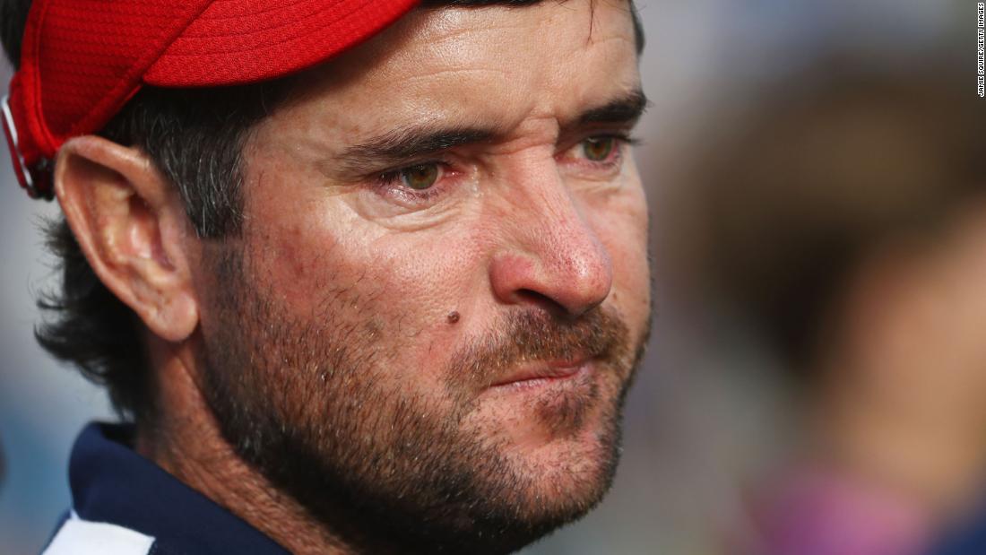 Bubba Watson of the US shows emotion following his team&#39;s defeat at the Ryder Cup on Sunday.
